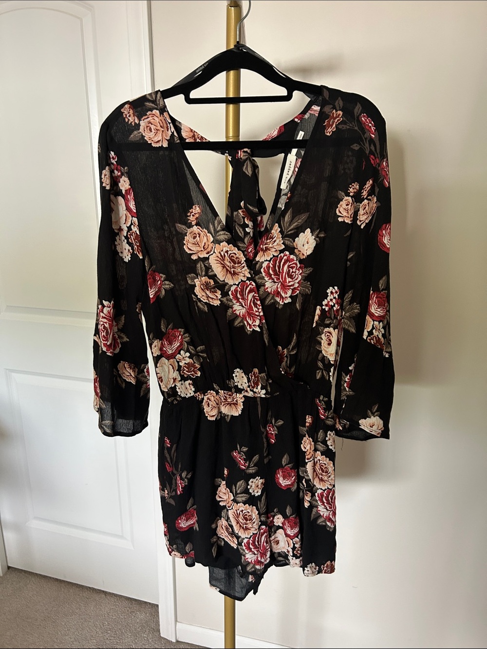 Blu Pepper Black Floral Romper with Pink & Red Roses